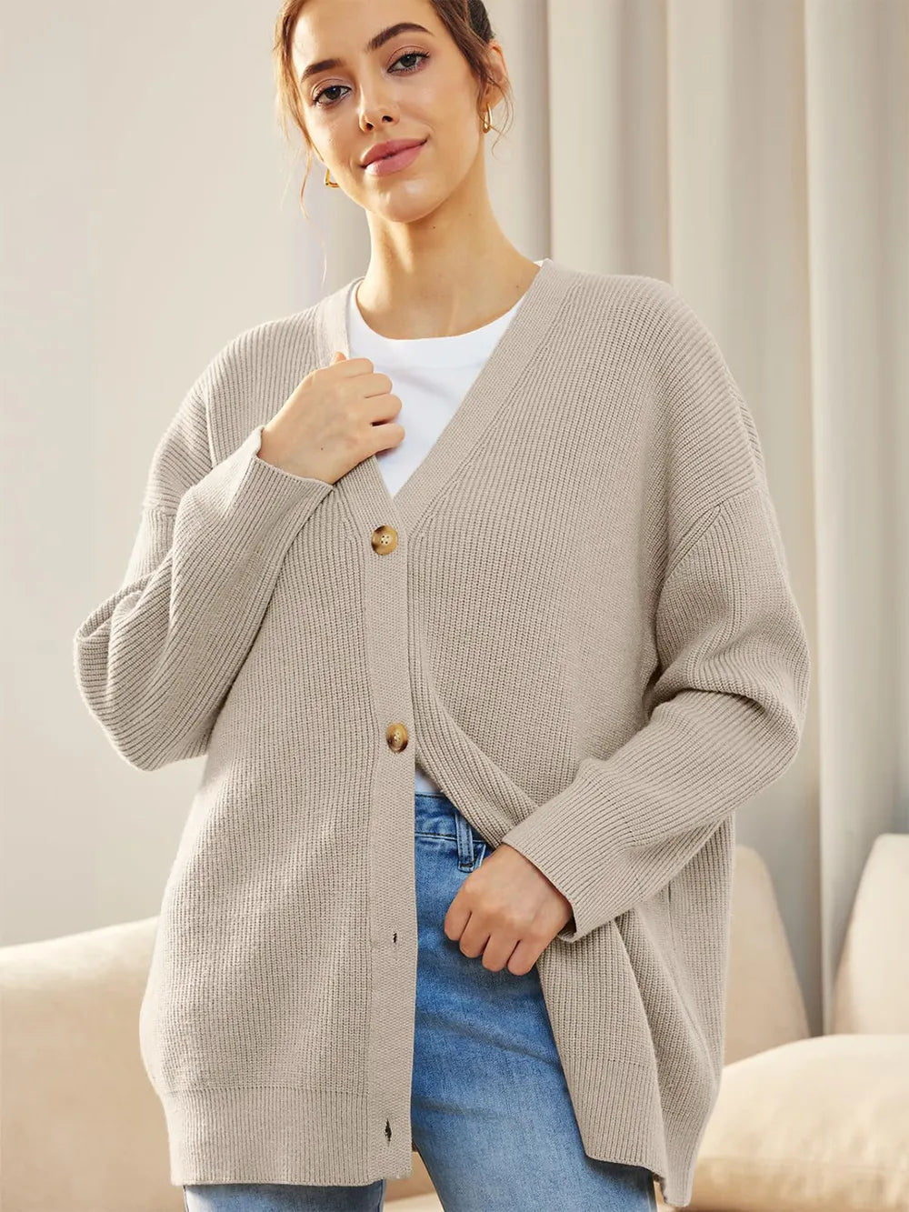 Button Down V-neck Long Sleeve Cardigan (5)