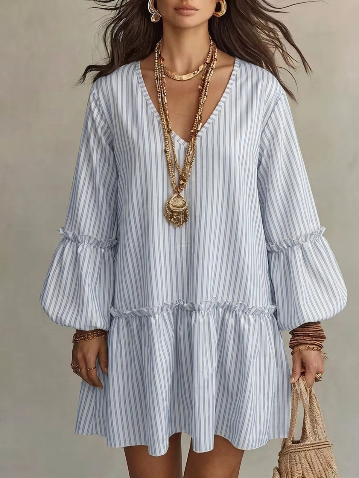 Full Size Striped Balloon Sleeve Mini Dress Plus (6)