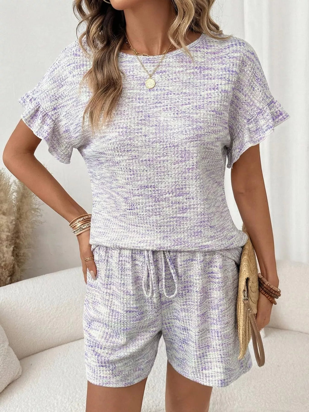 Ruffle Sleeve Textured Top Shorts Set (25)