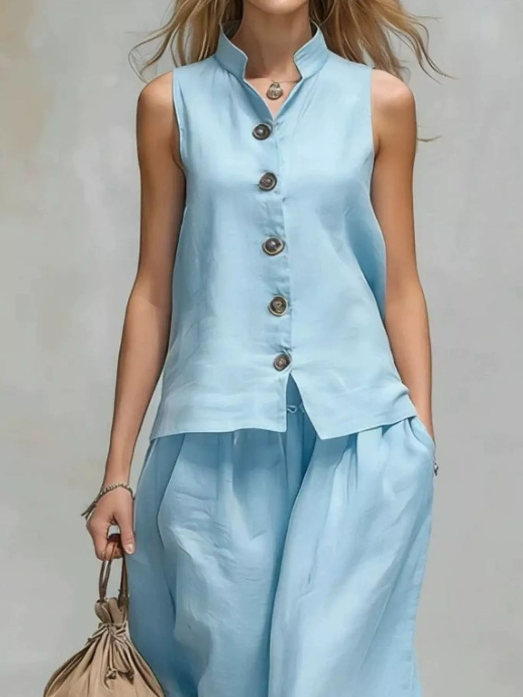 Sleeveless Button-down Top Wide-leg Pant Set (6)