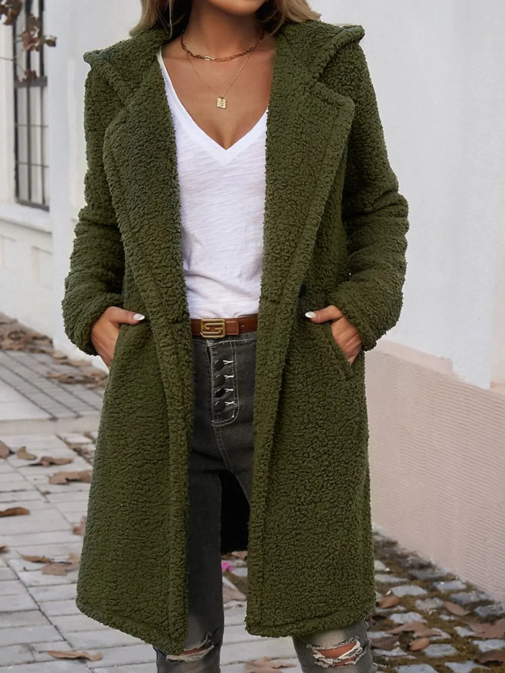 Pocketed Long Sleeve Hooded Teddy Coat (3)