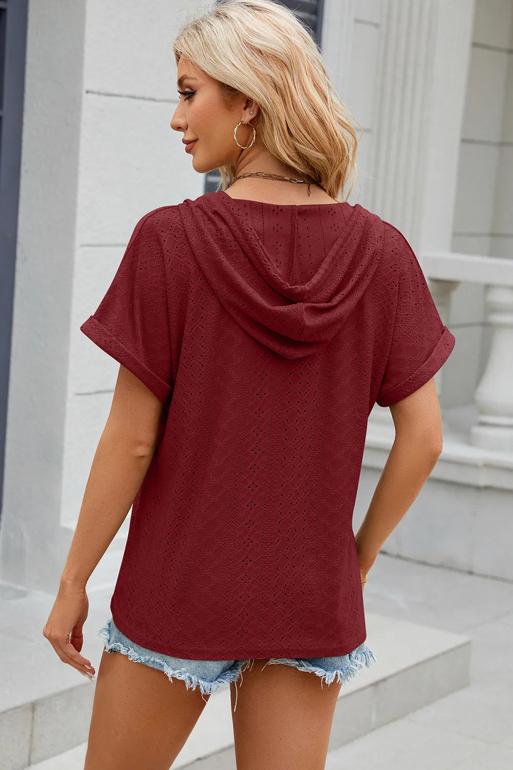 Eyelet Drawstring Hooded Short Sleeve Blouse (8)
