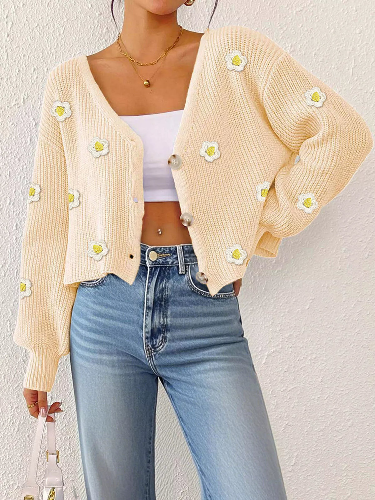 Floral V-neck Button-down Cropped Cardigan (5)