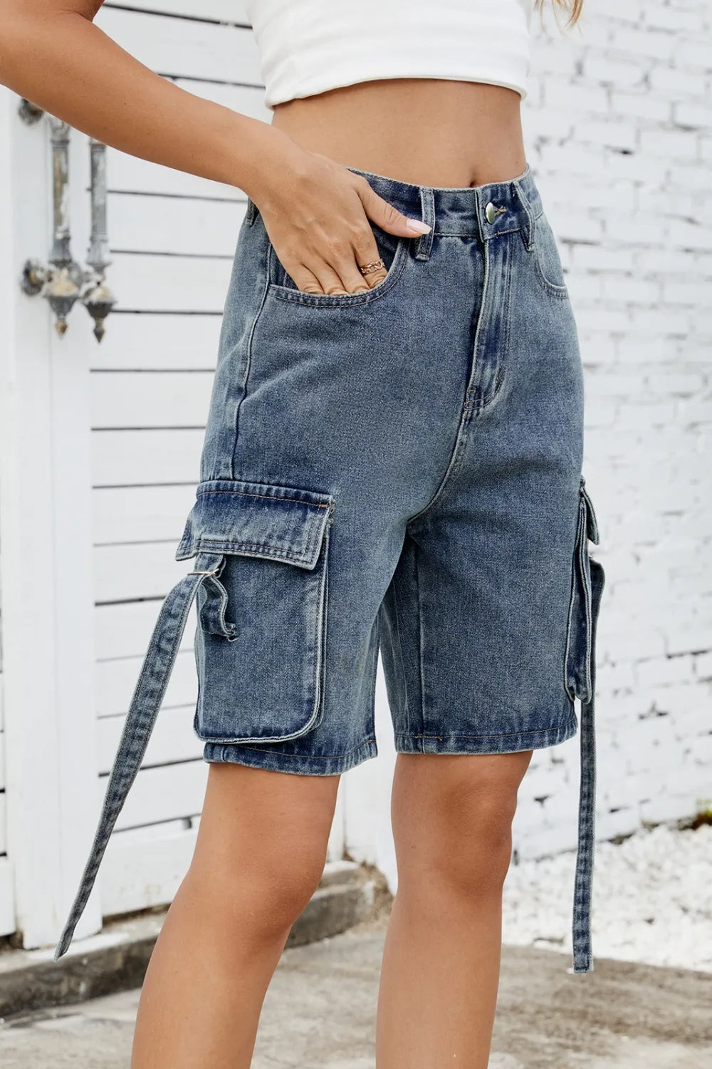 Washed Cargo Denim Shorts (13)