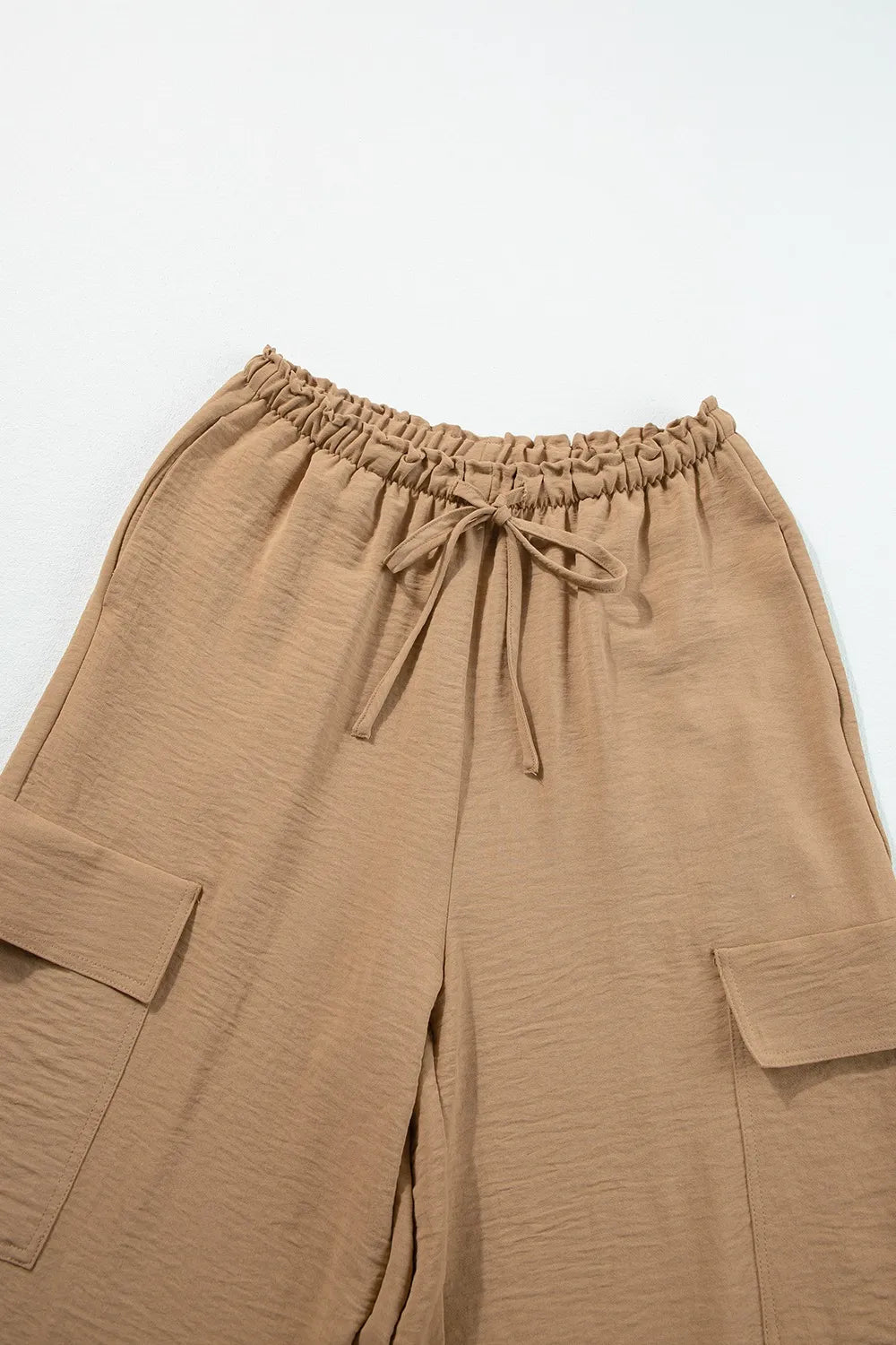Drawstring Frilled Waist Wide Leg Utility Trousers (7)