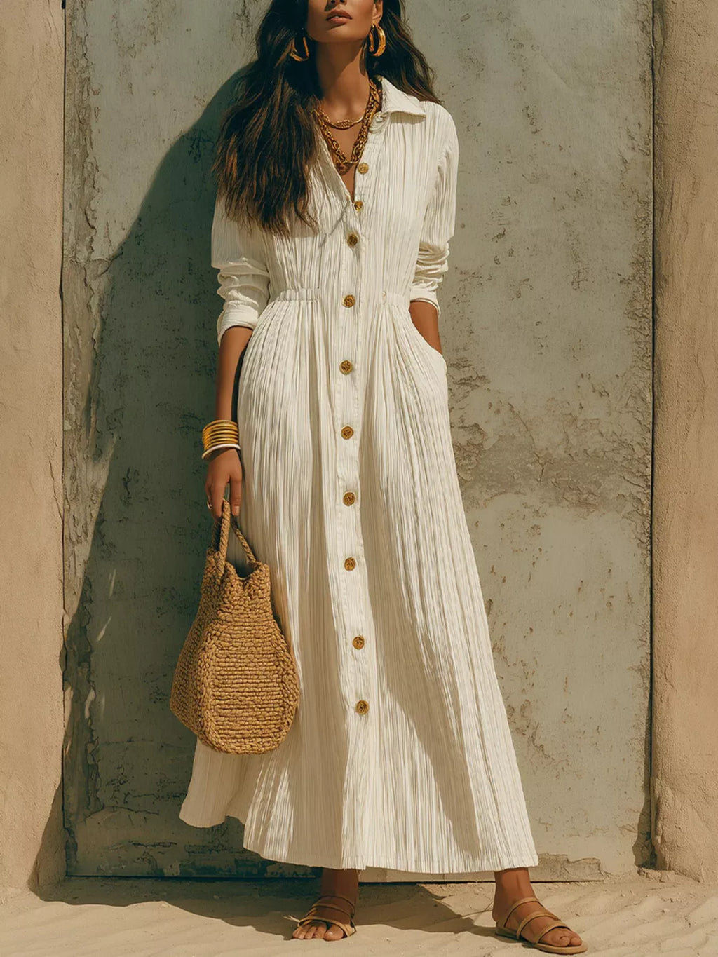 Full Size Textured Button Down Long Sleeve Maxi Dress Plus