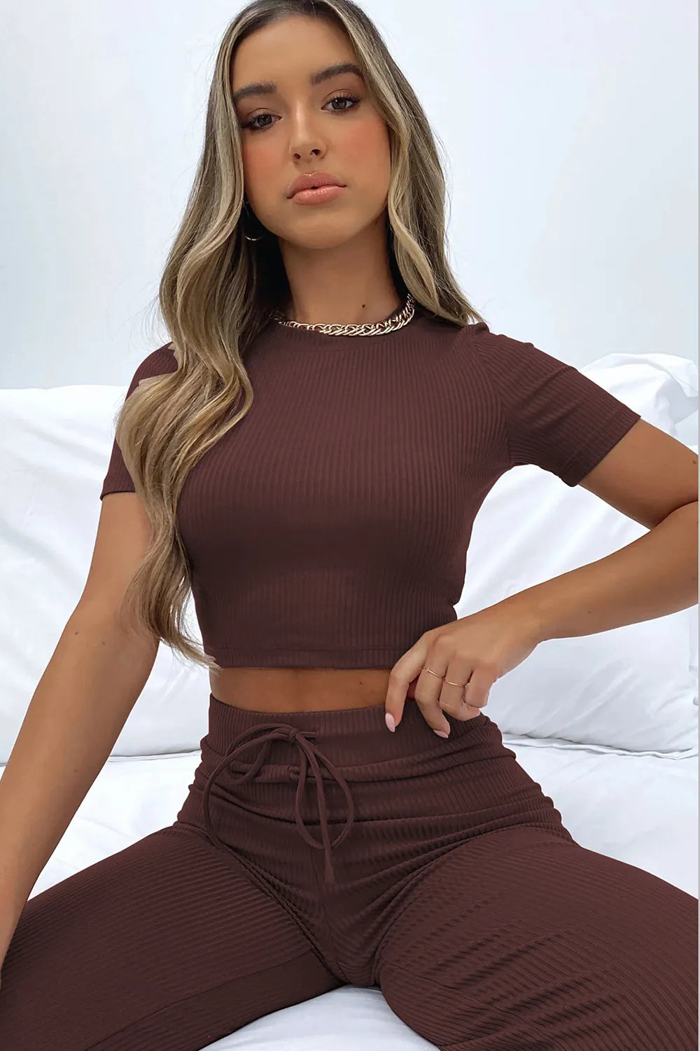 Round Neck Short Sleeve Top Pants Set (4)