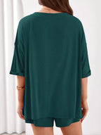 Casual Solid Color V-neck Top Shorts Set (34)