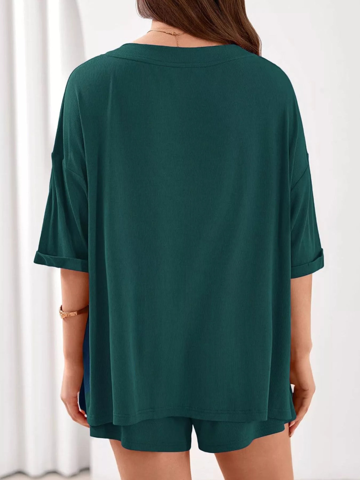 Casual Solid Color V-neck Top Shorts Set (34)