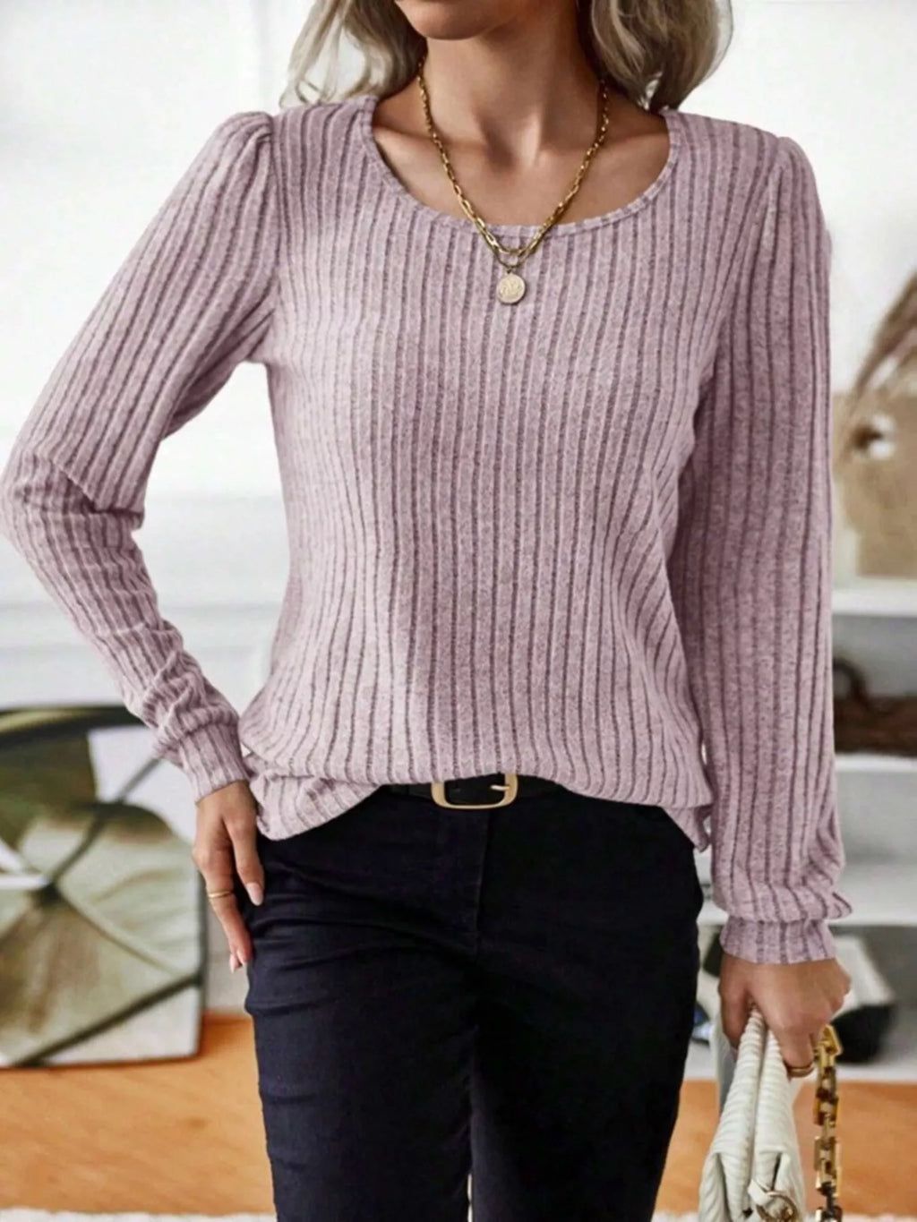 Ribbed Knit Long Sleeve T-shirt (17)