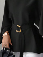 Round Neck Belt Batwing Sleeve Blouse (11)