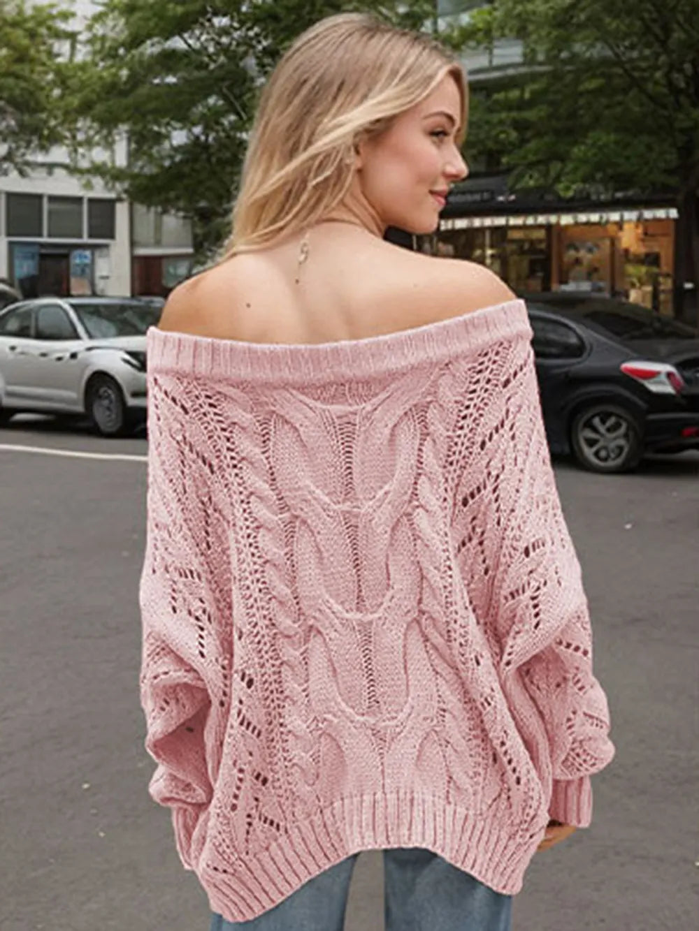 Cable Knit Openwork Off-shoulder Sweater (6)