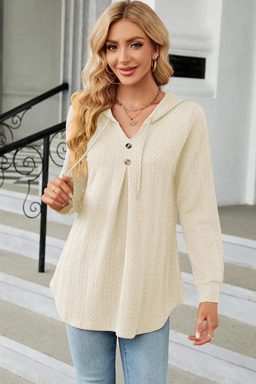 Decorative Button Drawstring Long Sleeve Hoodie (26)