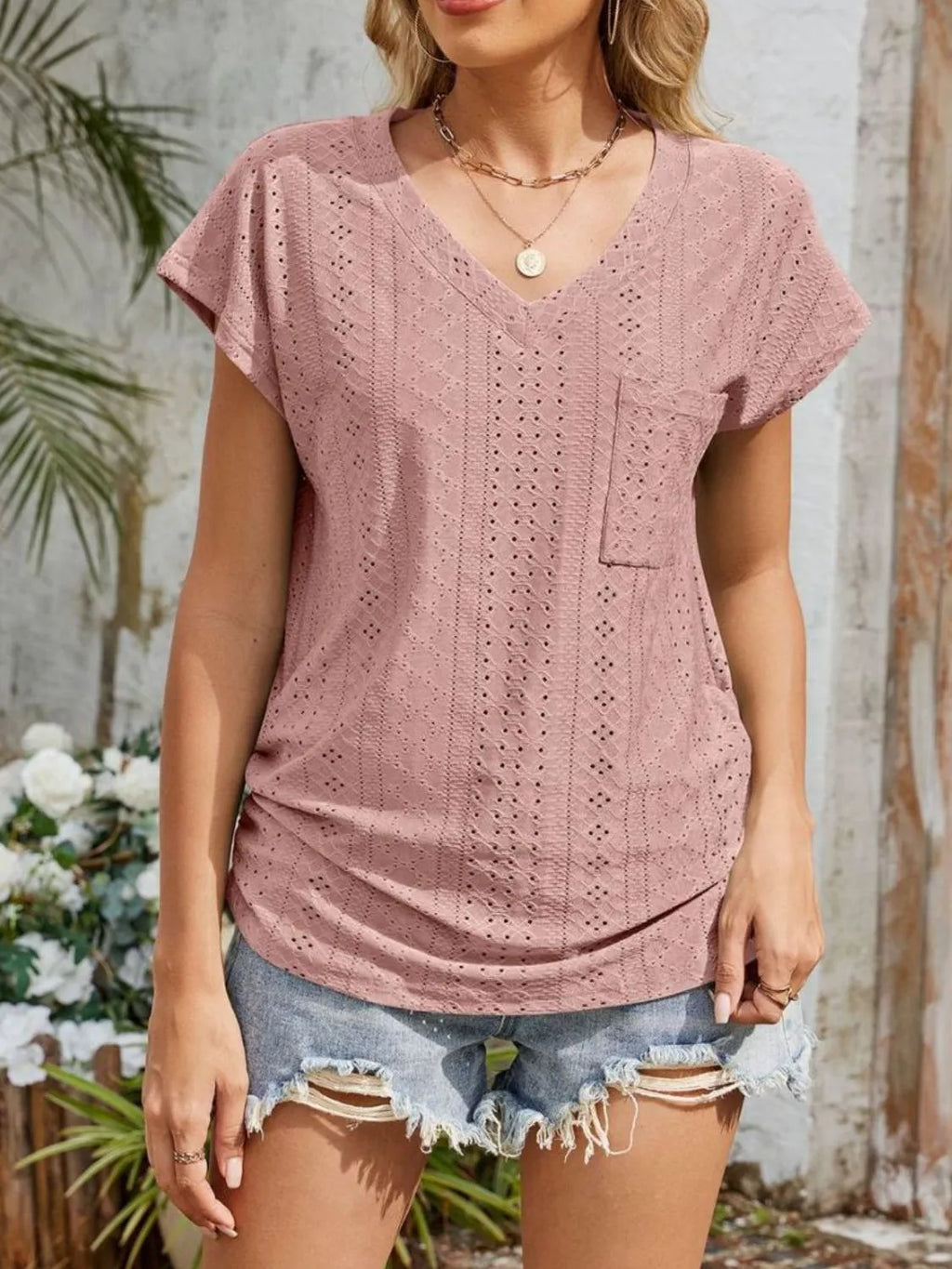 Eyelet V-neck Short Sleeve Top (22)