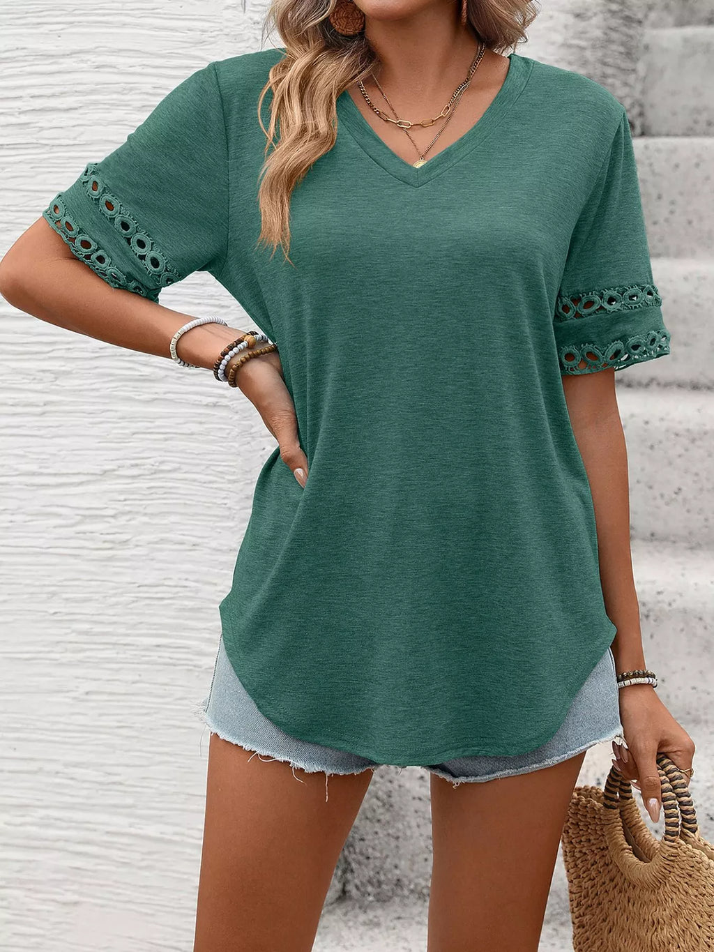 V-neck Hollow-out Sleeve T-shirt (2)