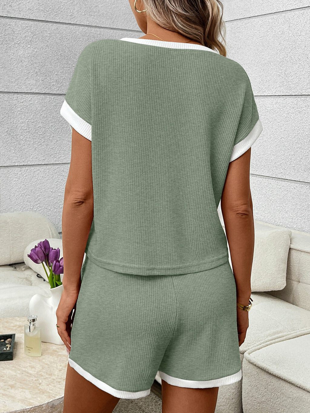 Contrast Trim Short Sleeve Top Shorts Set (26)