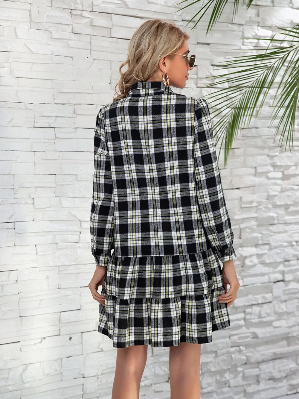 Ruffle Hem Plaid Button Down Long Sleeve Dress (11)