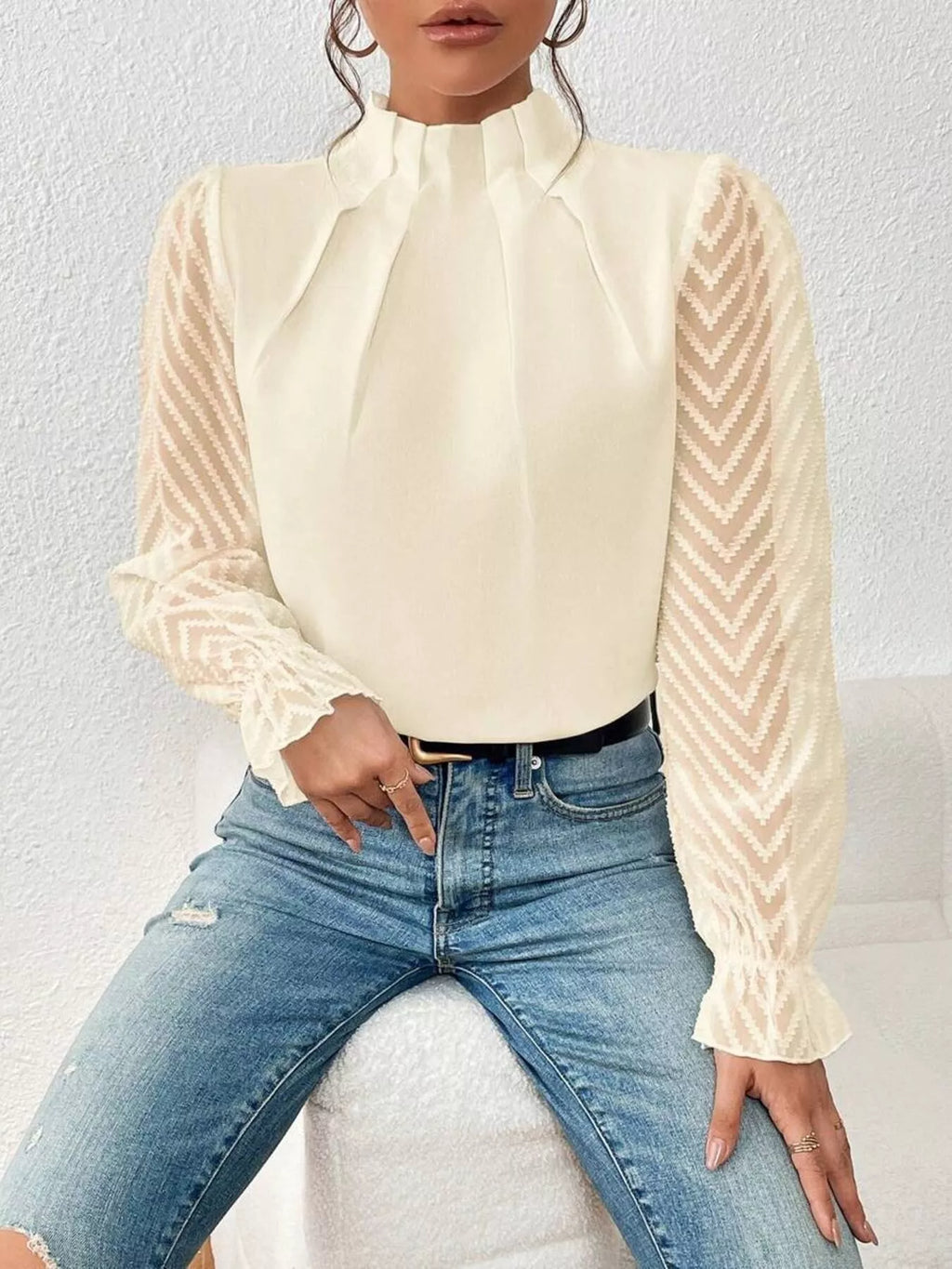 Mock Neck Sheer Lace Sleeve Blouse (12)