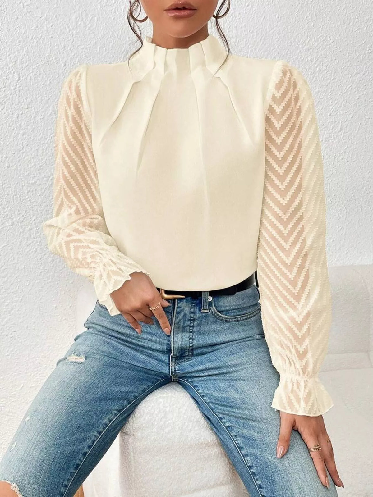 Mock Neck Sheer Lace Sleeve Blouse (12)