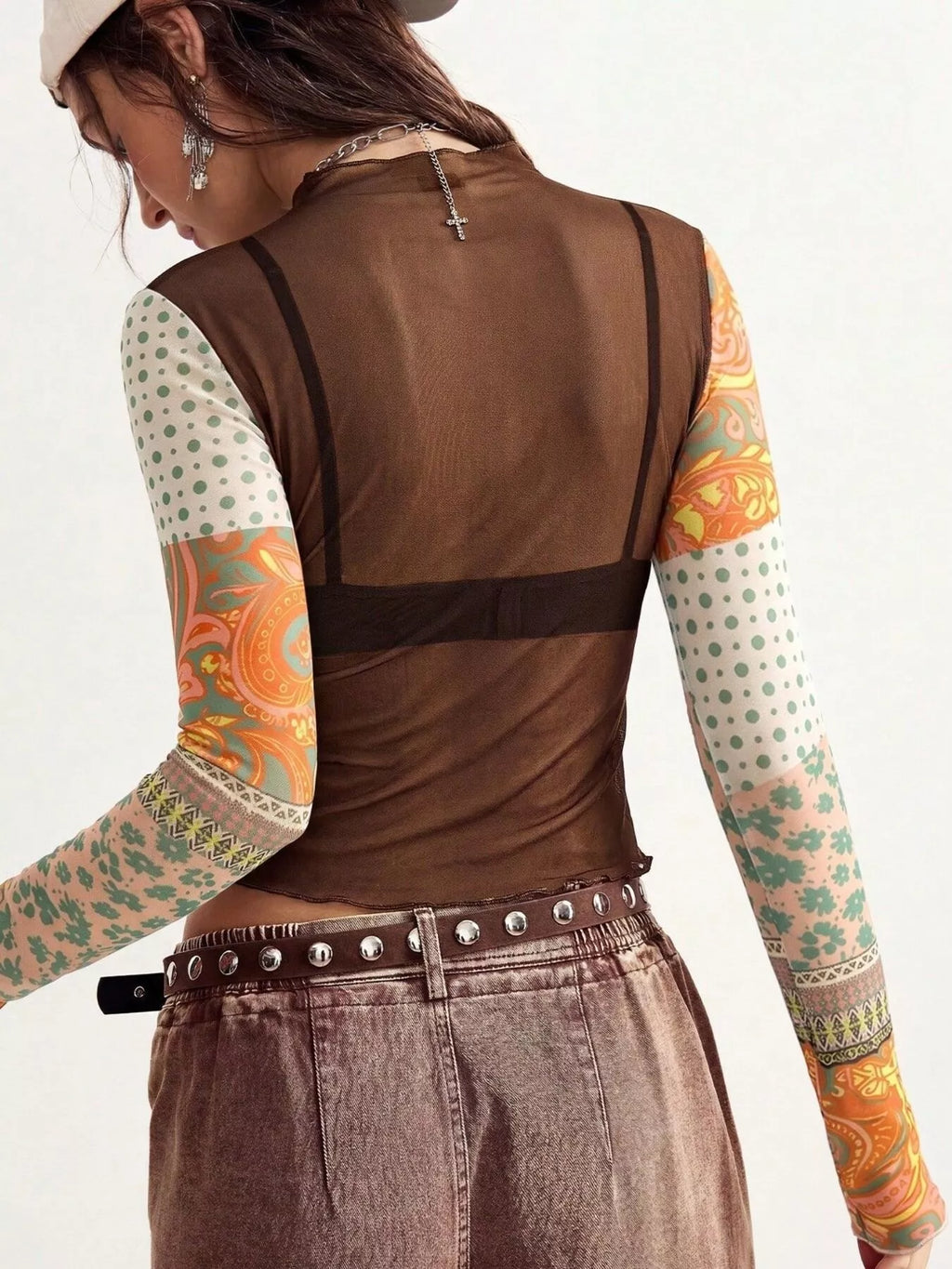 Floral Print Mesh Mock Neck Long Sleeve Top (6)