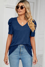 Heathered V-neck Puff Sleeve T-shirt (7)