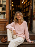 Pointelle Button-front Round Neck Knit Top (20)
