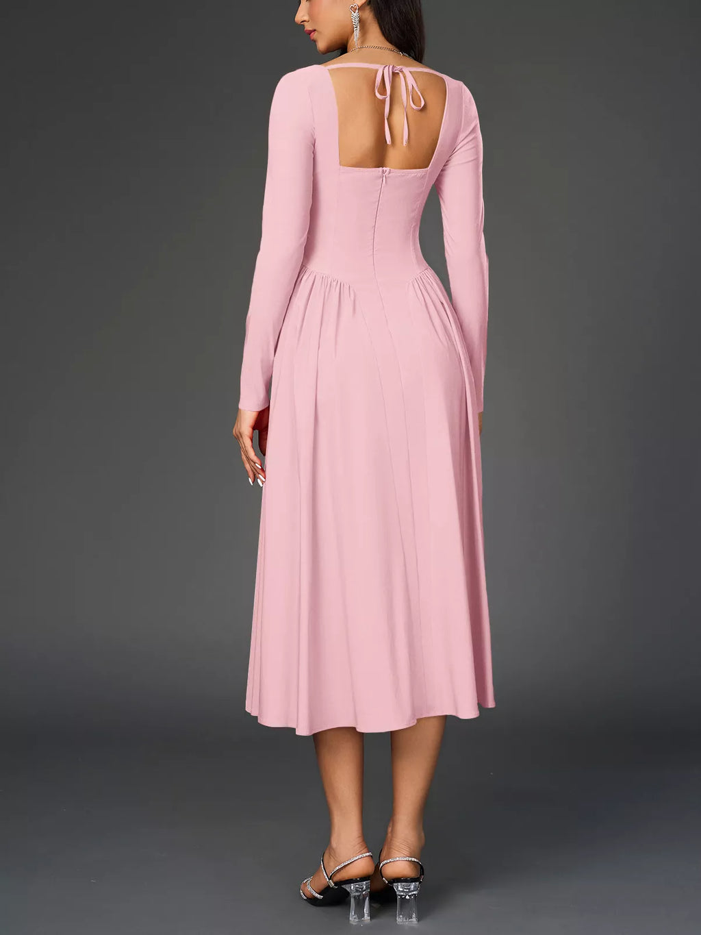 Sweetheart Neckline Long Sleeve A-line Midi Dress (30)