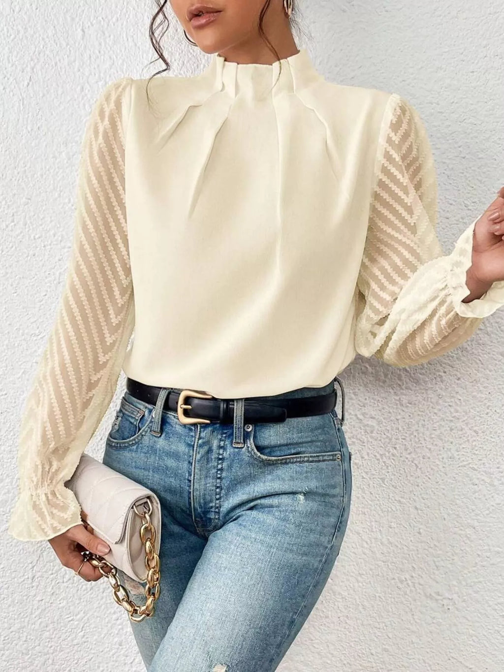 Mock Neck Sheer Lace Sleeve Blouse (11)
