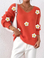 Floral Applique V-neck Sweater (4)
