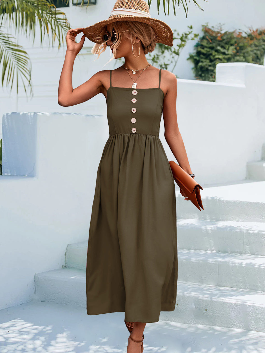 Decorative Button Spaghetti Strap Midi Dress (12)