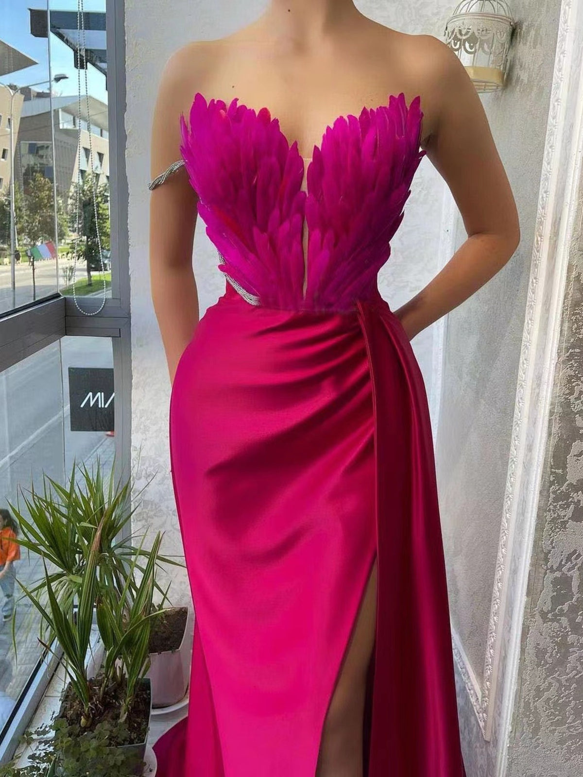 Feather Embellished Slit Maxi Dress (11)