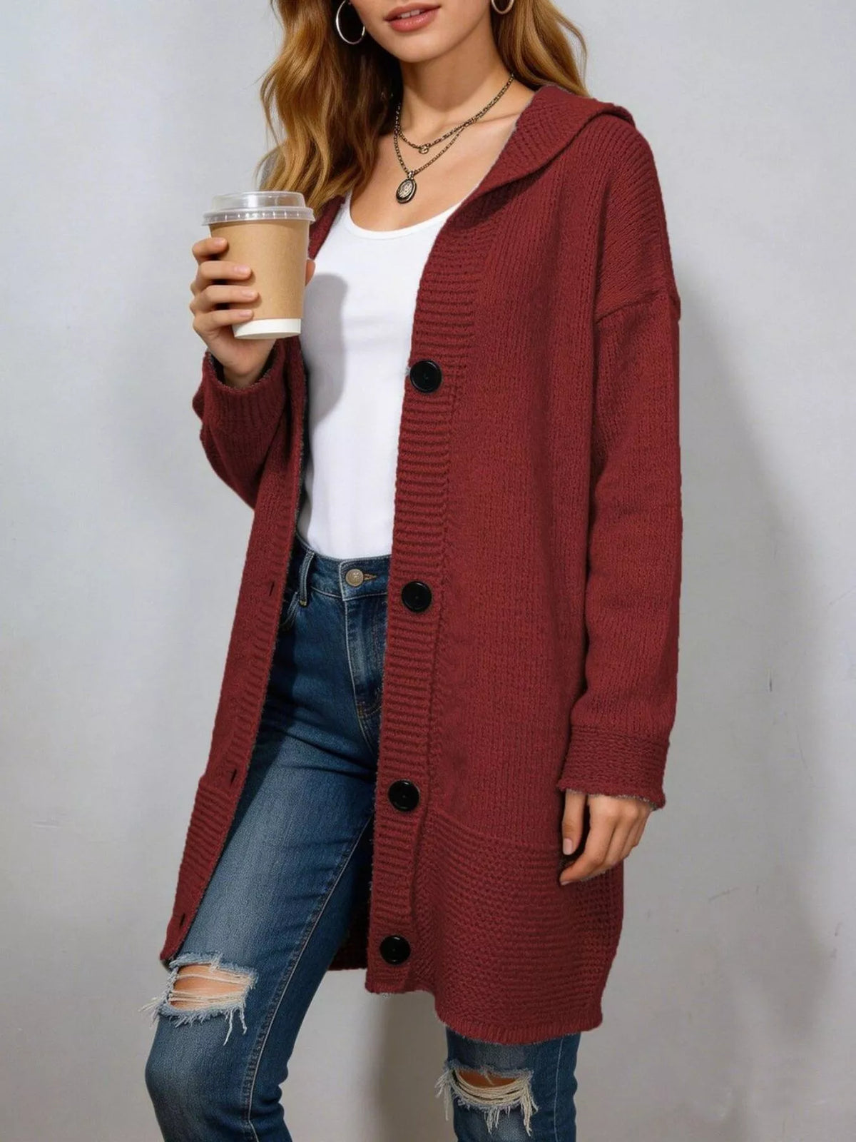 Full Size Casual Hooded Button-down Knit Cardigan Plus (8)