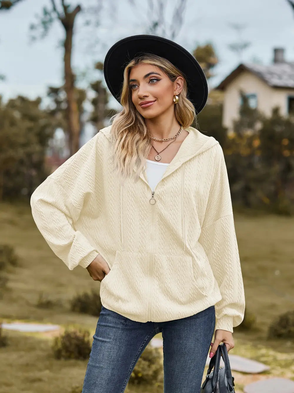 Zip Up Drawstring Long Sleeve Hooded Jacket (28)