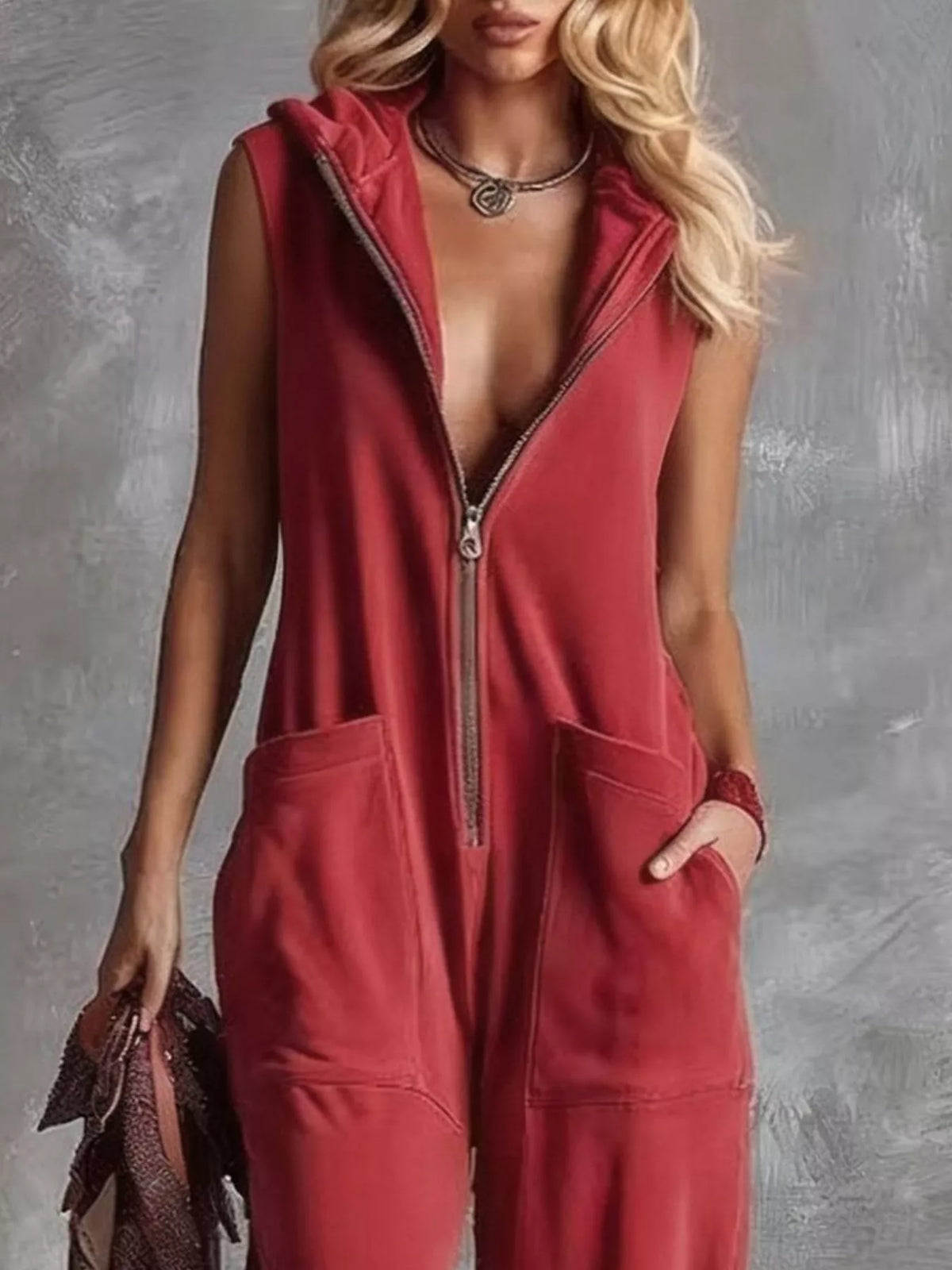 Sleeveless Hooded Zip-front Casual Jumpsuit (2)