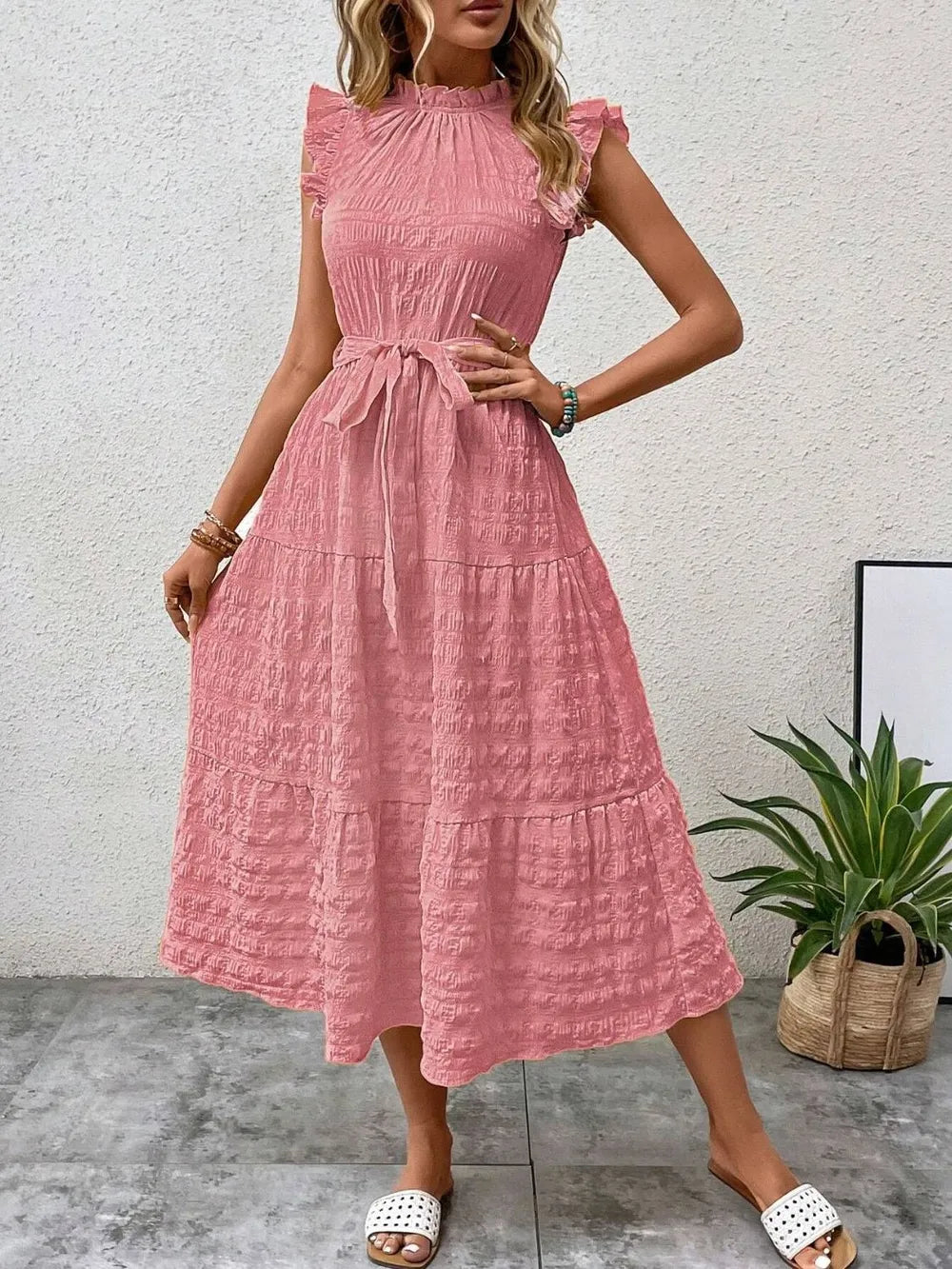 Tied Ruffled Cap Sleeve Midi Dress (28)