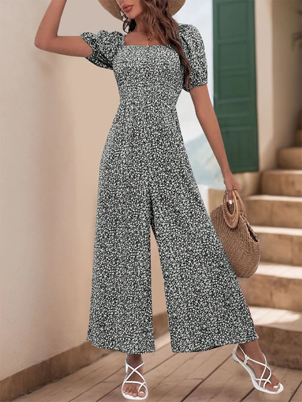 Printed Square Neck Puff Sleeve Jumpsuit (29)