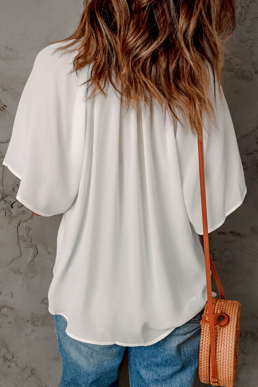 Gathered Detail Notched Neck Flutter Sleeve Top (4)