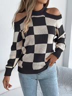Cold Shoulder Checkered Long Sleeve Sweater (2)
