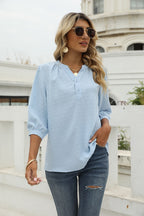 Swiss Dot Notched Neck Three-quarter Sleeve Blouse (4)