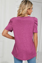 Heathered V-neck Puff Sleeve T-shirt (2)