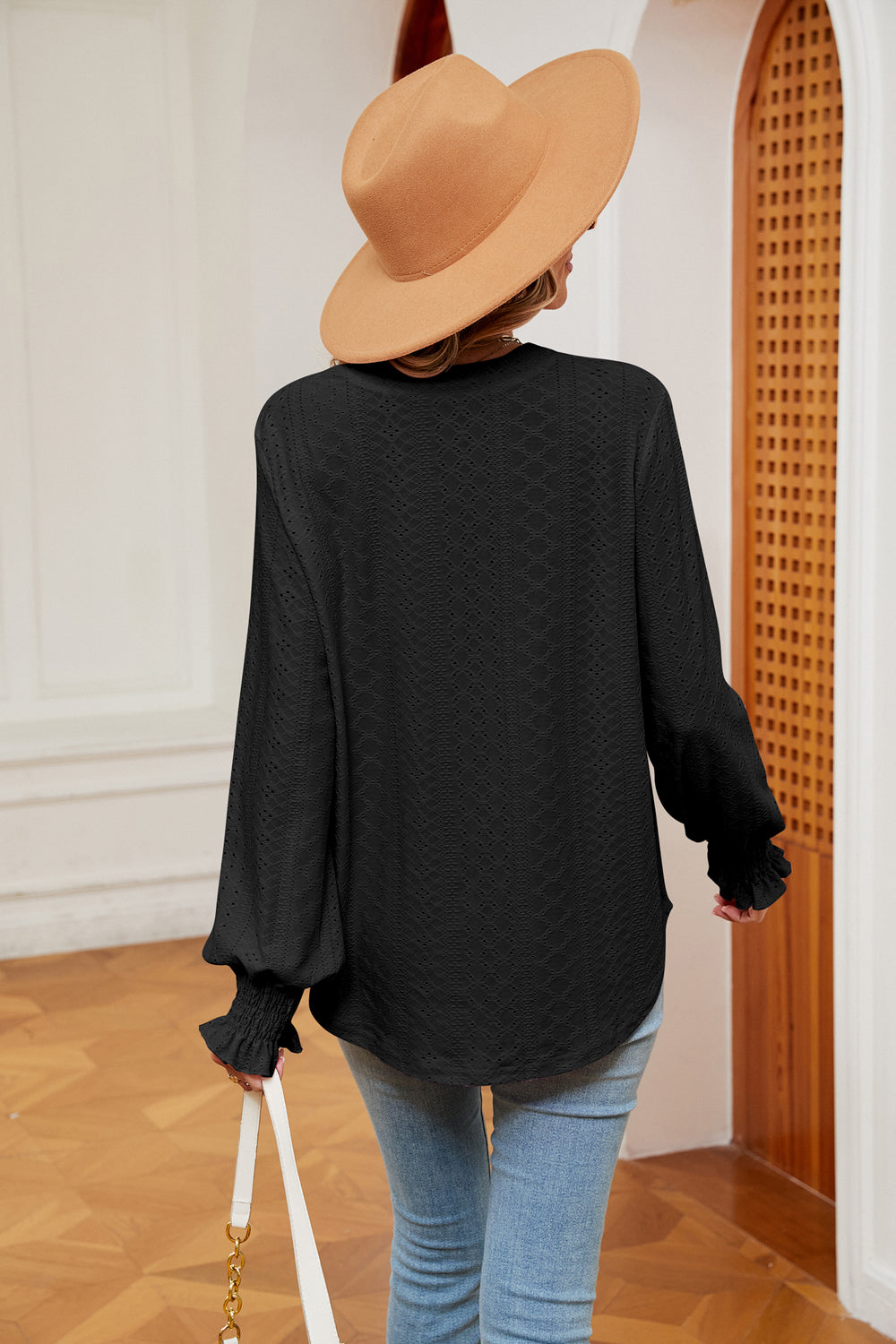 Notched Neck Flounce Sleeve Blouse (16)