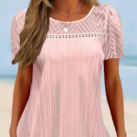Pullover Round Neck Lace Patchwork Short-sleeved T-shirt photo 2