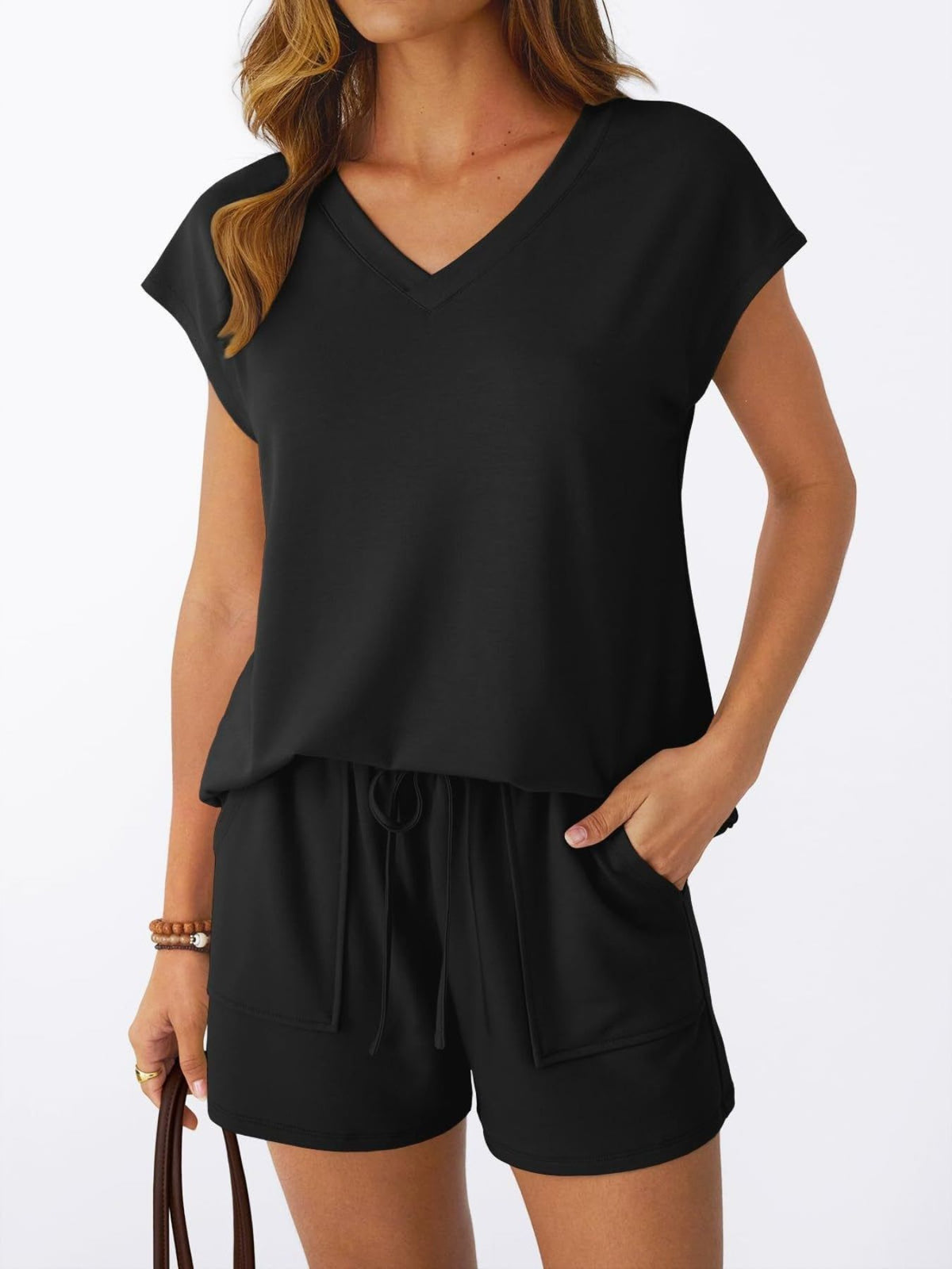Casual V-neck T-shirt Shorts Set (7)