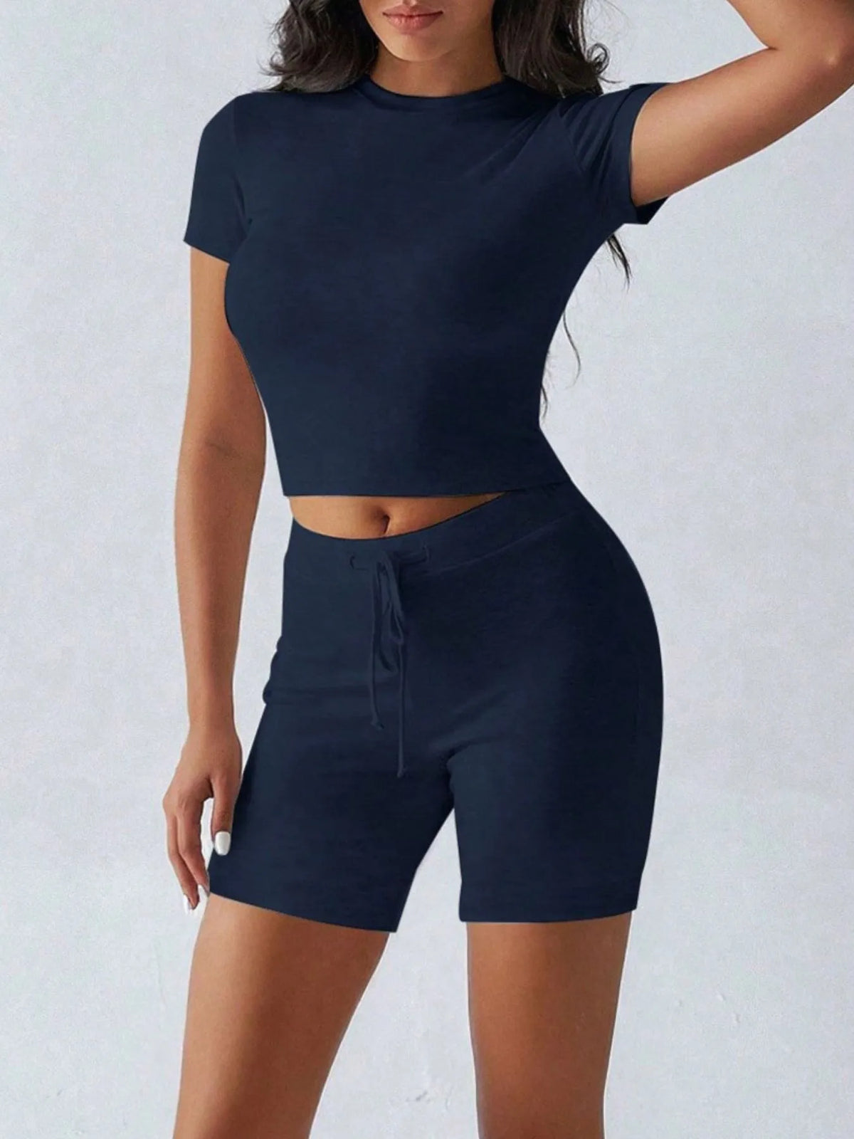 Round Neck Short Sleeve Top Shorts Set (11)