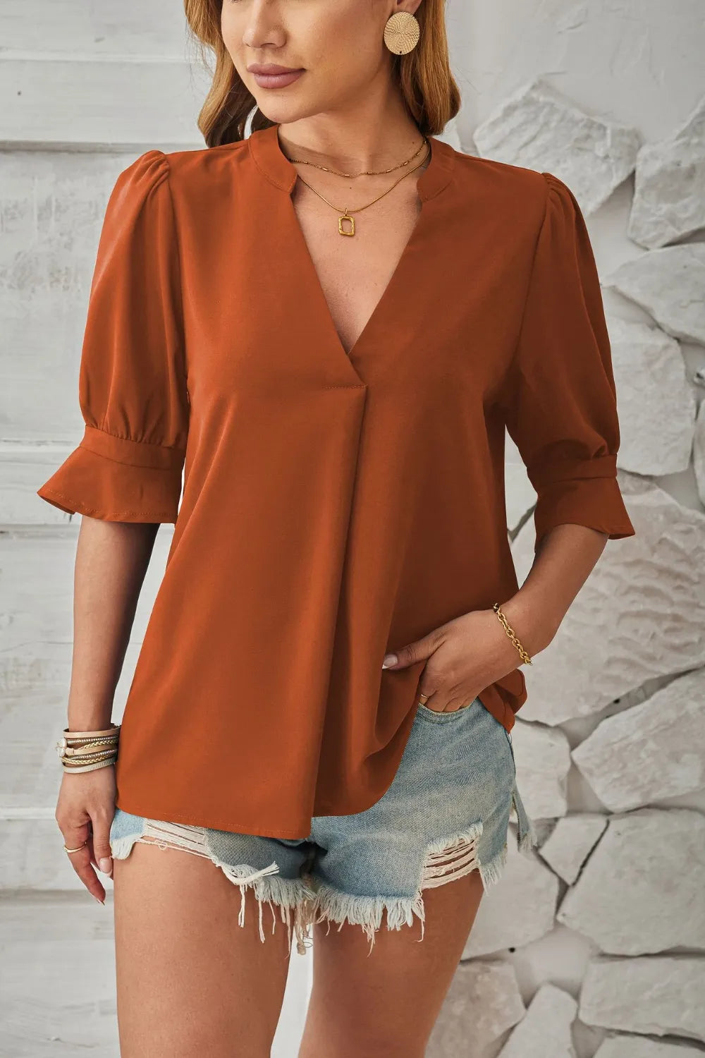 Notched Half Sleeve Blouse (4)
