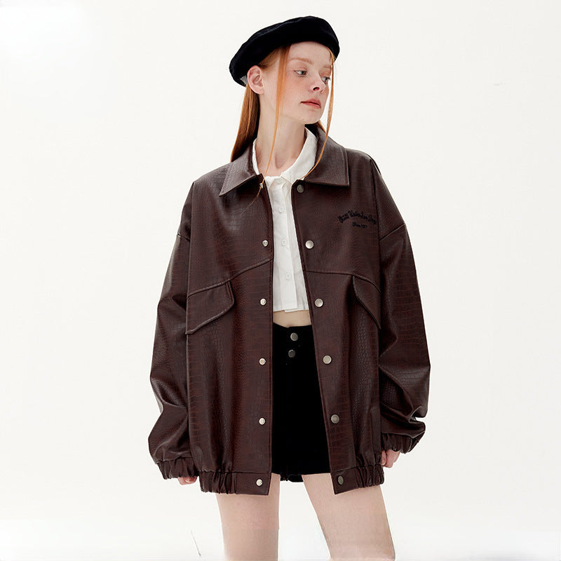 Leather Jacket Lapel Loose Retro Top photo 4