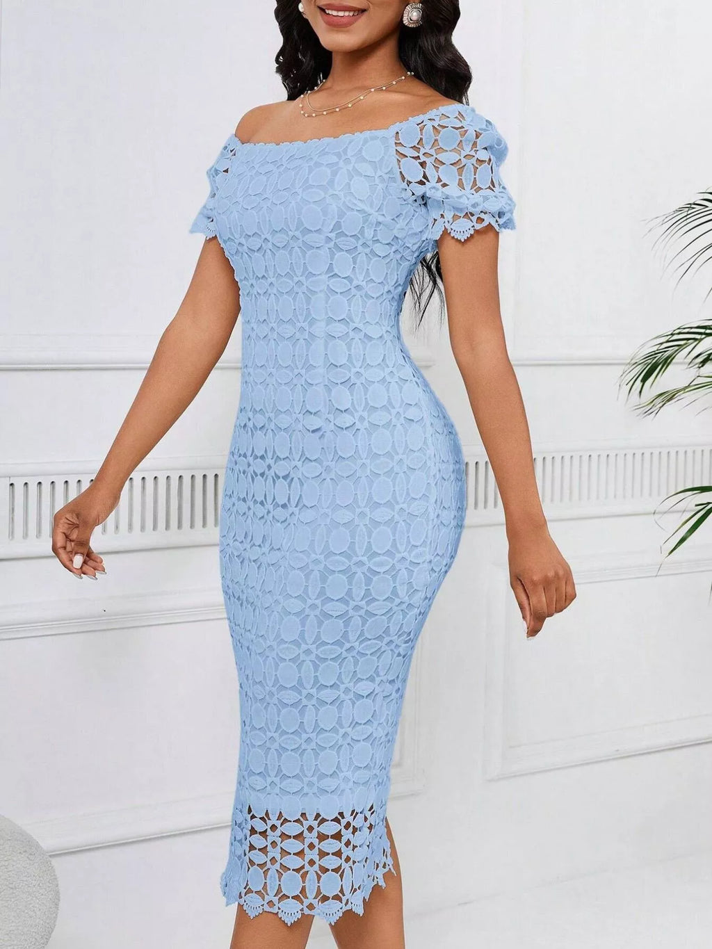 Lace Short Sleeve Midi Dress (6)