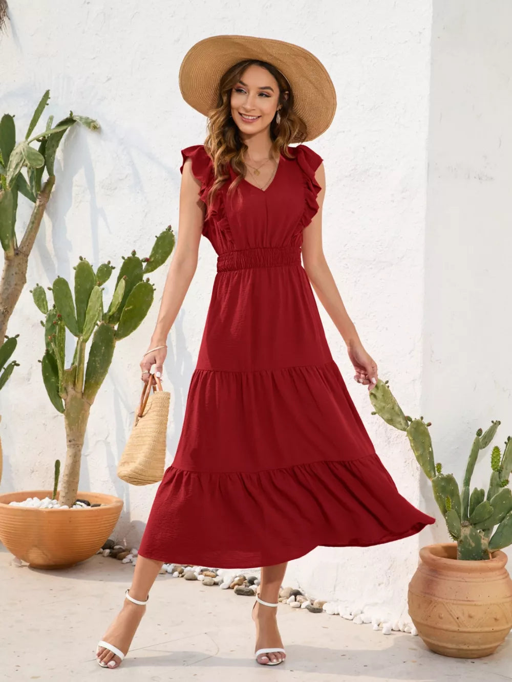 Tiered Ruffled V-neck Cap Sleeve Dress