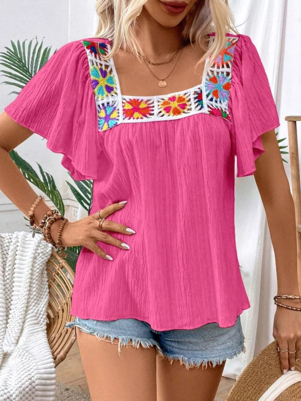 Embroidered Square Neck Flutter Sleeve Blouse (22)