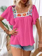 Embroidered Square Neck Flutter Sleeve Blouse (22)